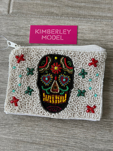 Beaded Wallet With Skull-White