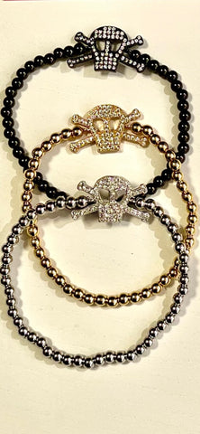 Beaded Skull-Bracelets with CZ Skull Crossbone-Silver. bead larger size than pic