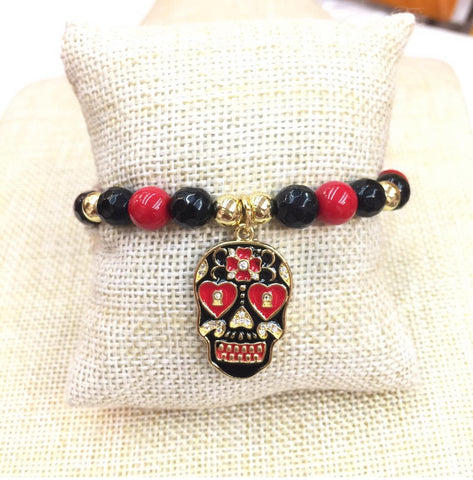 Beaded Bracelet Red/Blk Skull