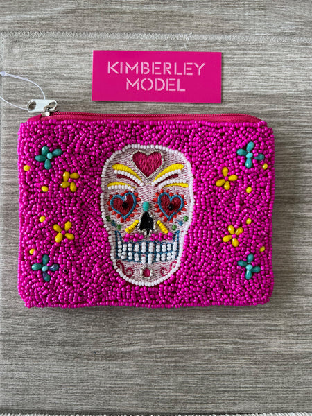 Beaded Wallet With Skull-Pink
